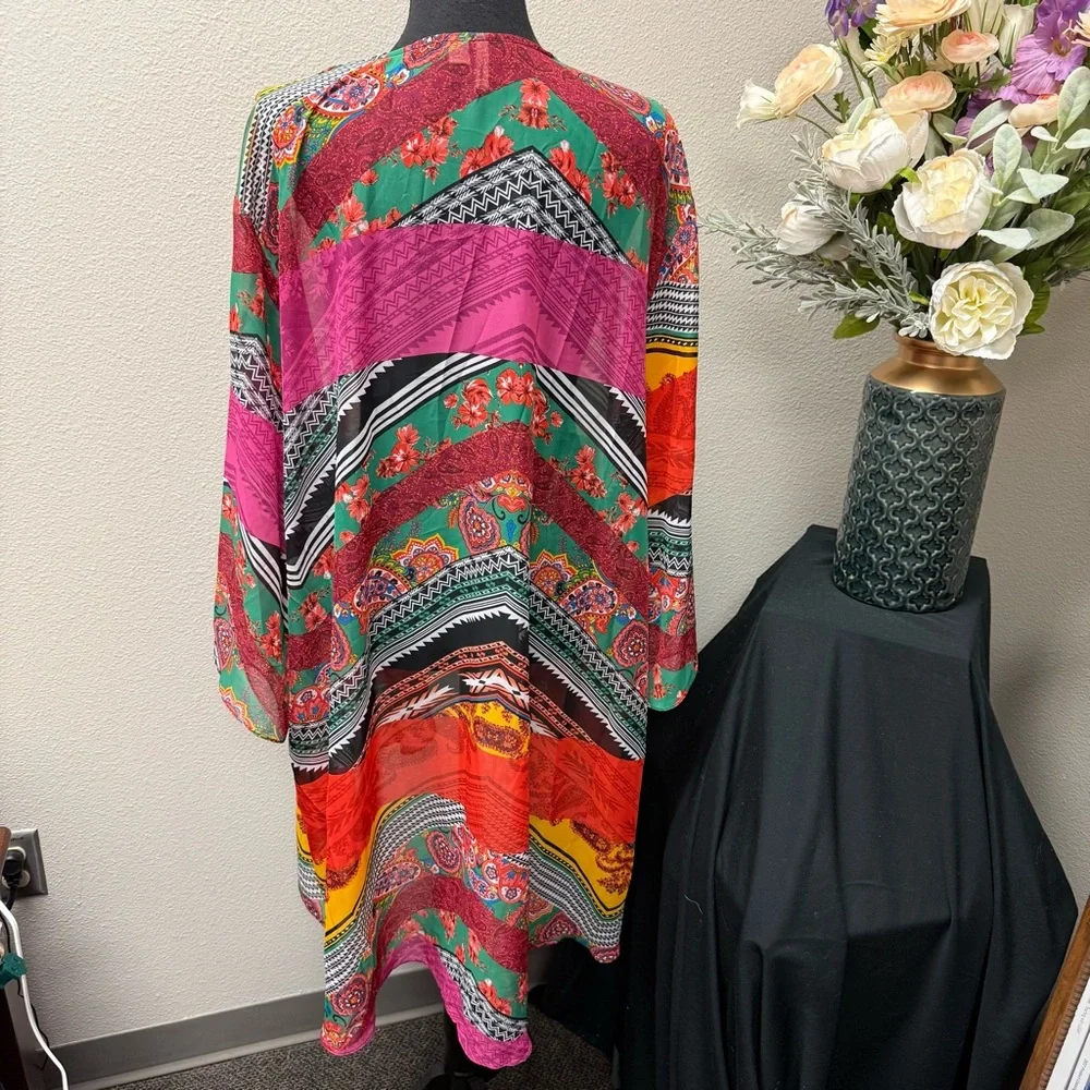 Cato 22/24W Multicolor Boho Patchwork Kimono Open Front Duster Cardigan - Picture 3 of 6